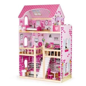 Casuta de papusi din lemn natural fara margini ascutite, "LikeSmart MaryLand" cu 3 Etaje, 5 Camere si 17 Piese de Mobilier, Lumini LED, 90 cm, Dark Pink