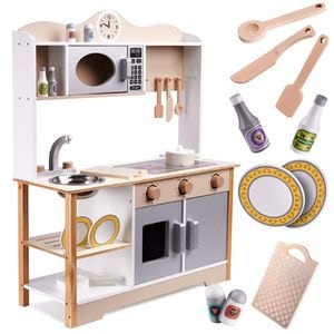 Bucatarie din lemn natural pentru copii ISP "Likesmart Kuketo", 85 cm inaltime, chiuveta, 2 arzatoare, cuptor cu microunde, diverse accesorii