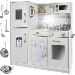 Bucatarie din lemn ecologic, margini ascutite "LikeSmart Triple Kitchen ", 81 cm inaltime, frigider cu tabla de scris, accesorii incluse, White