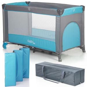 Patut pliant voiaj ultraportabil LikeSmart MOOLINO, protectii laterale, saltea inclusa, 0 luni+, albastru