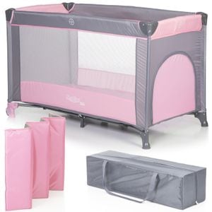 Patut pliant voiaj ultraportabil LikeSmart MOOLINO, protectii laterale, saltea inclusa, 0 luni+, roz
