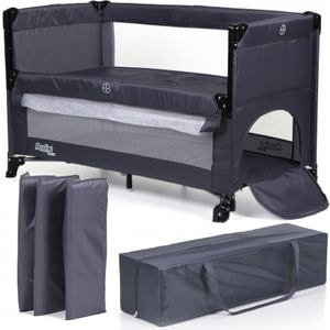 Patut pliant voiaj ultraportabil 2 in 1 LikeSmart Bed Slide, podea suspendata, protectii laterale, saltea inclusa, 0 luni+, gri slide
