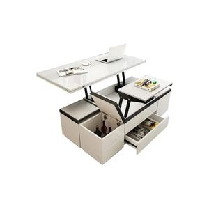 Masuta Cafea KJCT151, 4 tabureti incorporati, 120 x 60 x 64 cm, alb/negru