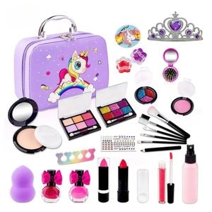 Trusa de machiaj pentru copii Simply Joy, cu 27 de elemente pentru make-up, rujuri, farduri, oja, geanta cu maner pentru transport, 3 ani+, mov