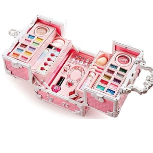 Trusa de machiaj pentru copii Simply Joy, cu 47 de elemente pentru make-up, rujuri, farduri, oja, geanta cu maner pentru transport, 3 ani+, roz
