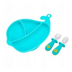 Set de masa GiliGums, Balena, Cu farfurie, Cu 2 tacamuri, Din silicon, Fara BPA, 6 luni+, Albastru