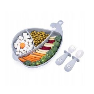 Set de masa GiliGums, Balena, Cu farfurie, Cu 2 tacamuri, Din silicon, Fara BPA, 6 luni+, Gri
