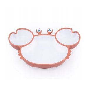 Farfurie GiliGums, Crab Premium, Cu 3 compartimente, Cu ventuza, Din silicon, Fara BPA, 6 luni+, Alb/Maro