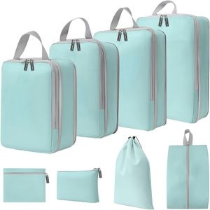 Set 8 huse organizare bagaj, Quasar & Co., impermeabile, 4 cu compresie/extensie, 1 husa pantofi, 1 husa tip sac, 1 husa universala, 1 geanta cosmetice, turcoaz