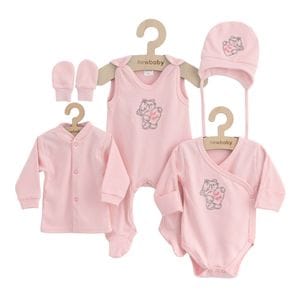 Set 5 piese New baby, salopeta fara maneci, jacheta, body cu maneca lunga, caciulita, manusi, 50, bumbac 100%