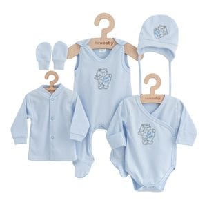 Set 5 piese New baby, salopeta fara maneci, jacheta, body cu maneca lunga, caciulita, manusi, 50, bumbac 100%