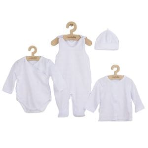 Set 4 piese New baby, bluza, body cu maneca lunga, salopeta fara maneci, caciulita, 56, bumbac 100%, I am white