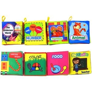 Set 8 carti senzoriale textile pentru bebelusi cu animale, animale marine, numere, fructe, forme, culori cu fosnaitoare si sunete, + 3 luni, Simply Joy, multicolor