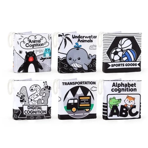 Set 6 carti senzoriale textile pentru bebelusi cu forme, animale, culori, cu fosnaitoare si sunete, + 3 luni, Simply Joy, alb-negru
