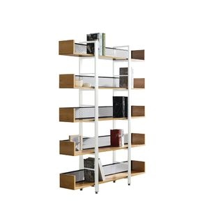 Raft DacEnergy, realizat din metal, rafturi din DTD laminat, 5 polite, cu picioare de nivelare, modern, 120 x 30 x 180 cm, alb si salcam