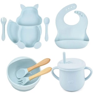 Set complet din silicon fara alergeni pentru diversificare bebe, Empria, Veverita, Turcoaz