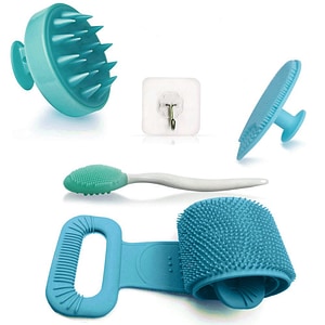 Set de baie 5 piese, Quasar & Co., 1 x perie corp, 1 x perie scalp, 1 x perie fata, 1 x perie buze, 1 x agatatoare, silicon, albastru
