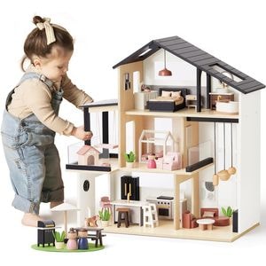 Casuta de papusi din lemn BabyBoutique Indiggo, cu terasa mare, gradina si gratar, 49 de accesorii, 3 Etaje, 2 dormitoare, living, mansarda, bucatarie, 79 cm, alb-negru