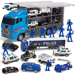 Jucarie camion de politie 19 in 1 cu figurine mici de politie Simply Joy, masinute tip ambulanta, jeep, suv, masina cu scara, elicopter, pentru baieti 3-9 ani, albastru