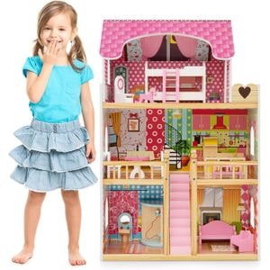 Casuta de papusi din lemn cu lumini LED PinkPalace, 91 cm, 3 etaje, 15 accesorii, 5 camere, balcon, scara interioara, mobilier, roz