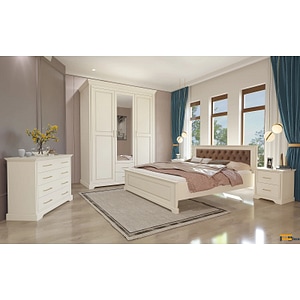 Set mobila dormitor Darius velvet, 5 piese, lemn masiv tei, crem