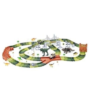 Jucarie interactiva set pista de curse cu 240 piese flexibile, 2 dinozauri mari si 6 dinozauri mici, 2 masini incluse, jucarii pentru baieti si fete + 3 ani