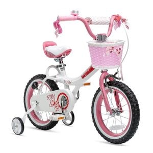 Bicicleta copii 3-5 ani Royal Baby Jenny Children, roti 14", frana C-Brake fata, torpedo spate, cauciucuri late tip MTB, roti ajutatoare, alb cu roz