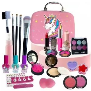 Trusa de machiaj pentru copii Simply Joy, 31 de elemente pentru make-up, rujuri, farduri, oja, Unicorn, geanta cu maner pentru transport, pentru fetite de 3 ani+, roz