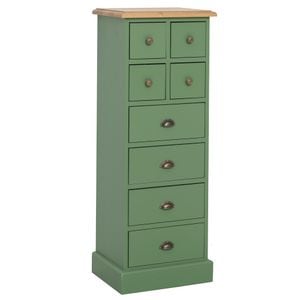 Comoda ingusta cu 8 sertare, blat stejar, culoare top maro deschis P061, culoare corp verde inchis P038, dublu color, 100% lemn masiv, 46x122x36 cm