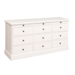 Comoda cu 9 sertare, culoare alb P004, vopsit, 100% lemn masiv, 158x79x48 cm