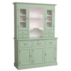 Bufet cu 3 usi, 3 sertare BAS + 2 usi sticla, 4 sertare, spatiu deschis SUP, culoare exterior verde deschis P092, culoare interior alb P004, dublu color, 100 lemn masiv, 138x197x50 cm
