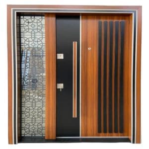 Usa metalica dubla de exterior cu izolatie si vizor Novo Doors NDS1000, Cu geam din sticla securizata, 140x208 cm, deschidere dreapta, Din compozit, 2 yale, Kit complet, Pentru case, Nuc