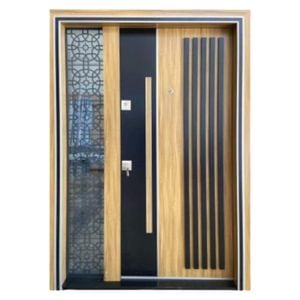 Usa metalica dubla de exterior cu izolatie si vizor Novo Doors NDS1000, Cu geam din sticla securizata, 140x208 cm, deschidere dreapta, Din compozit, 2 yale, Kit complet, Pentru case, Stejar deschis