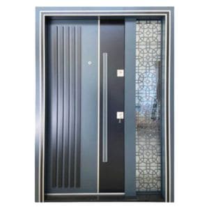 Usa metalica dubla de exterior cu izolatie si vizor Novo Doors NDS1000, Cu geam din sticla securizata, 140x208 cm, deschidere stanga, Din compozit, 2 yale, Kit complet, Pentru case, Gri antracit