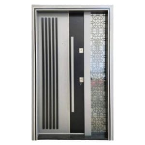Usa metalica dubla de exterior cu izolatie si vizor Novo Doors NDS1000, Cu geam din sticla securizata, 140x208 cm, deschidere stanga, Din compozit, 2 yale, Kit complet, Pentru case, Gri deschis