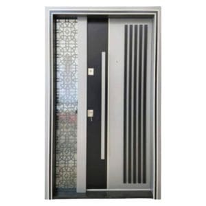 Usa metalica dubla de exterior cu izolatie si vizor Novo Doors NDS1000, Cu geam din sticla securizata, 140x208 cm, deschidere dreapta, Din compozit, 2 yale, Kit complet, Pentru case, Gri deschis
