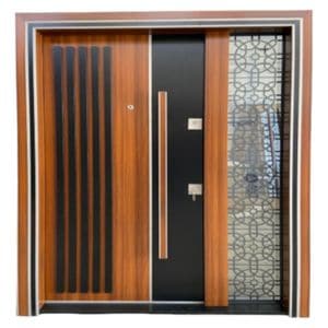 Usa metalica dubla de exterior cu izolatie si vizor Novo Doors NDS1000, Cu geam din sticla securizata, 140x208 cm, deschidere stanga, Din compozit, 2 yale, Kit complet, Pentru case, Nuc