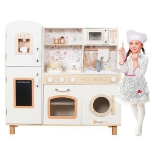 Set Bucatarie cu Accesorii din Lemn, Vintage Floral, Arzatoare cu Baterii, Cuptor, Chiuveta functionala, Masina de Spalat Rufe, Instrumente pentru Gatit, 91CM Inaltime, Creamy