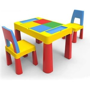 Set masa lego si 2 scaune, cu spatiu de depozitare pentru diferite activitati, picioare antiderapante, multicolor, buz