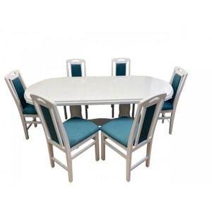 Set masa living Sb Nork Alba + 6 scaune Sb Tim DRIMUS, lemn, 160x90x96 cm, Alb