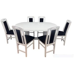 Set masa living Sb Nork Alba + 6 scaune Sb Tim DRIMUS, lemn, 160x90x96 cm, Alb/Negru