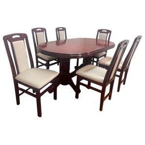 Set masa living Sb Nork Mahon + 6 scaune Sb Tim DRIMUS, lemn, 160x90x96 cm, Mahon/Crem