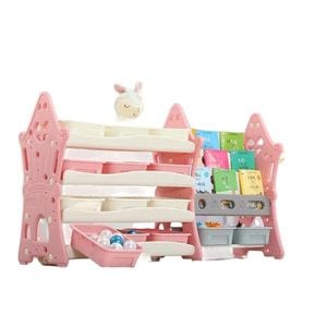 Organizator pentru jucarii si carti, cu 4 rafturi si 14 cosulete depozitare, cos baschet, ABS, roz, LEXI, 124cm x 36cm x 72cm