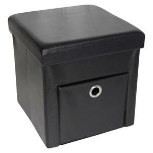 Taburet cu cutie de depozitare si sertar House XL 6100, 38 x 38 x 38cm, Ma x  150 kg, Capac moale din piele ecologica, Negru