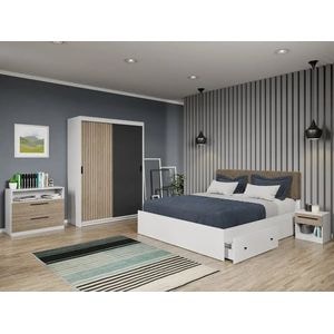 Set dormitor Laguna, Line C15, cu pat, dulap, comoda si noptiere, 138x55x194.8 cm, gri-maro