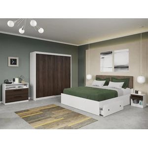 Set dormitor Laguna, Line C1, cu pat, dulap, comoda si noptiere, 184xx55x194.8 cm, maro inchis