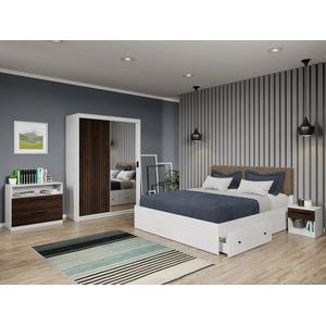Set dormitor Laguna, Line C11, cu pat, dulap, comoda si noptiere, 138x55x194.8 cm, maro inchis