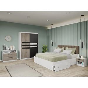Set dormitor Laguna, Glass C25, cu pat, dulap, comoda si noptiere, 138x55x194.8 cm, alb-negru-crem