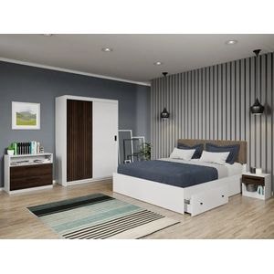 Set dormitor Laguna, Line C10, cu pat, dulap, comoda si noptiere, 138x55x194.8 cm, alb-maro inchis