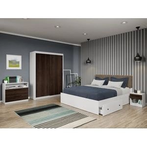 Set dormitor Laguna, Line C9, cu pat, dulap, comoda si noptiere, 138x55x194.8 cm, maro inchis